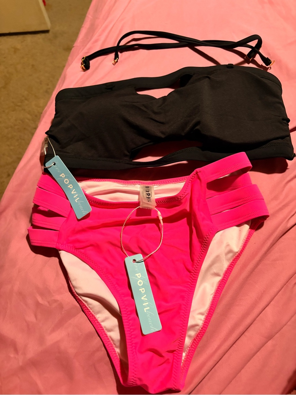 POPViIL Hot Pink Bikini Bottom with Black Bandeau Top